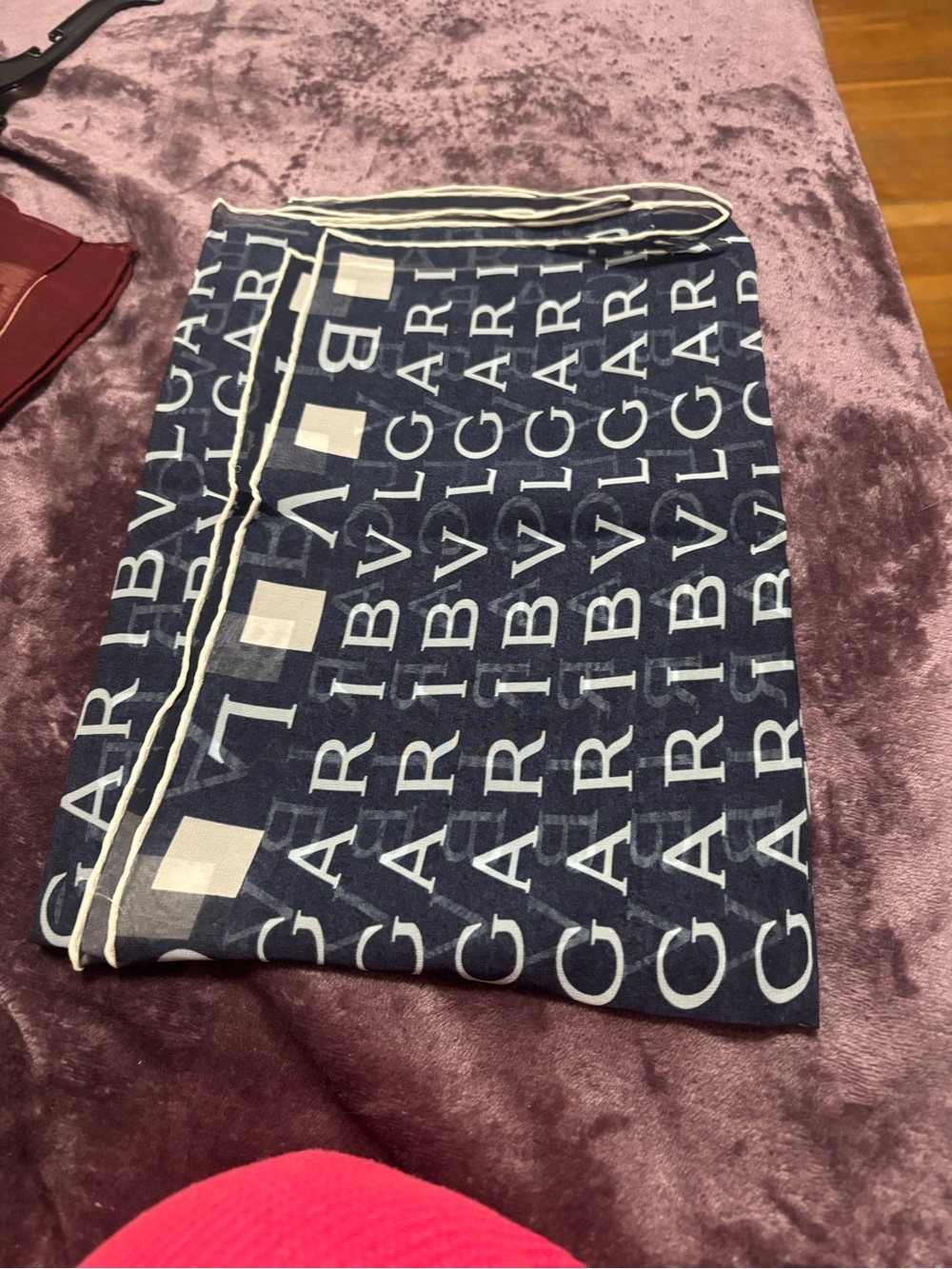 Bulgari Navy and White Logo Silk Scarf